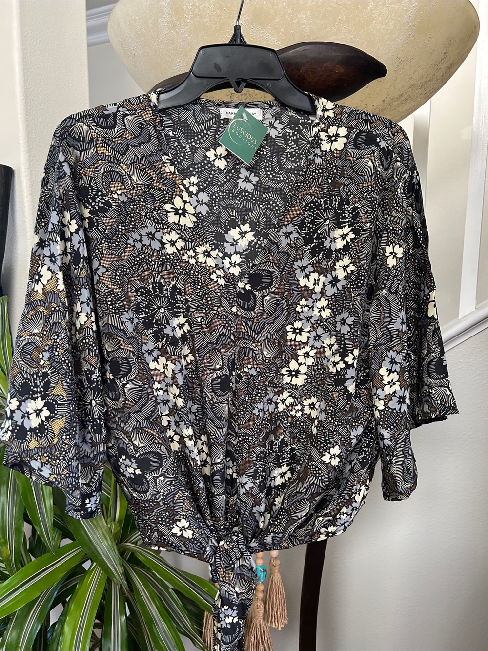 Lush Black Floral Tie-Front Blouse